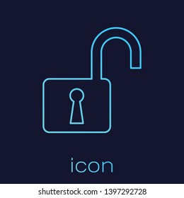 Turquoise Open padlock line icon isolated on blue background. Opened lock sign. Cyber security concept. Digital data protection. Safety safety. Vector Illustration