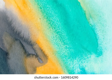 Turquoise, orange and blue hand drawn vector watercolour painting. Modern indigo blending illustration. Multicolor ink background. Watercolor paint blobs and smudges effect wallpaper.