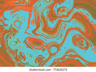 Turquoise and orange digital marbling background. Liquid surface backdrop. Colorful suminagashi vector for web design or festival invitation. Fluid color pattern. Traditional Turkish ebru technique