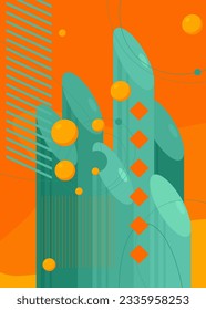 Turquoise, orange geometrical graphic retro theme cover. Minimal geometric elements. Vintage abstract shapes template for poster, banner design.