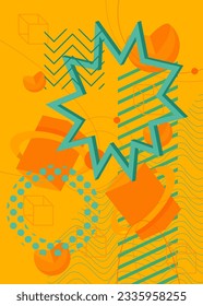 Turquoise, orange geometrical graphic retro theme cover. Minimal geometric elements. Vintage abstract shapes template for poster, banner design.