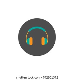 turquoise and orange headphones in grey circle. Flat vector earphones icon isolated on white. Listen sound sign. Music and volume symbol. Good for web and mobile, infographics. 
