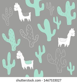 turquoise outline cactuses and white llama alpaca hand drawn seamless pattern on dark grey background