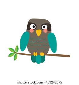 Turquoise Owl bird perching on the branch with leaves animal cartoon character isolated on white background.