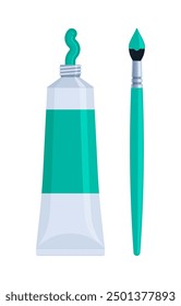 Turquoise paint tube with paintbrush icon. Flat vector illustration isolated on white background. Art supplies and painting concept. Perfect for educational materials and creative projects