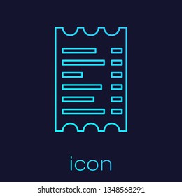 Turquoise Paper check and financial check line icon isolated on blue background. Paper print check, shop receipt or bill. Vector Illustration