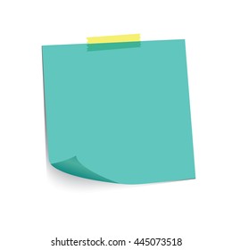 Turquoise paper note and adhesive tape with curled corner, ready for your message. Vector illustration. Isolated on white background. Front view. Top view. Close up.

