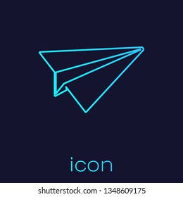 Turquoise Paper plane line icon isolated on blue background. Paper airplane icon. Aircraft sign. Vector Illustration
