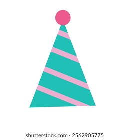 A turquoise party hat with pink stripes and a pom-pom on top. Classic party accessory.