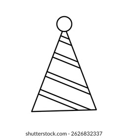 A turquoise party hat with stripes and a pom-pom on top. Classic party accessory. Line Art Style Icon Illustration