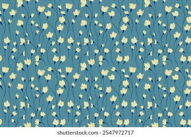 Turquoise pattern with creative intertwined florals stems. Abstract artistic branches with tiny flowers small buds seamless background. Vector hand drawing. Simple ornament for designs, print