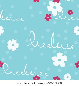 Turquoise pattern with pink and white flowers and doodle abstract inscription. Bright vector ornament for textile, wrapping, wallpaper, crockery and web design.