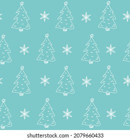 Türkisfarbene Muster mit Sternen Weihnachtsbaumlinien und Doodle. Wintertextur, Textilien, Kinderhintergrund.
