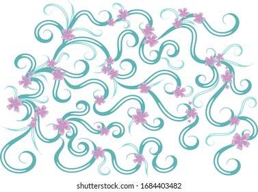 turquoise pattern with swirls with lilac flowers throughout the area