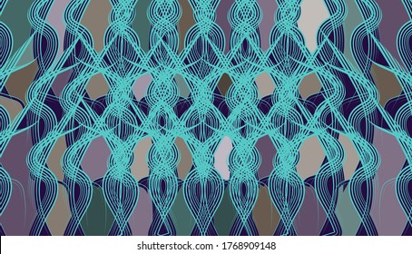 Turquoise pattern, waves, pigtails, abstract background. Various shapes, lines. Contemporary trendy vector illustration. Pattern, Wallpaper