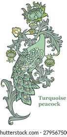 Turquoise peacock - vector illustration. Design prints art nouveau. Vector image of a graceful peacock with plant elements.