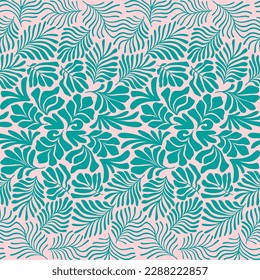 Turquoise pink abstract background with tropical palm leaves in Matisse style. Vector seamless pattern with Scandinavian cut out elements.