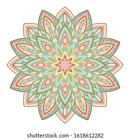 Turquoise and pink abstract mandala. Filigree gesign element. Oriental elegant ornament. Indian pattern. 