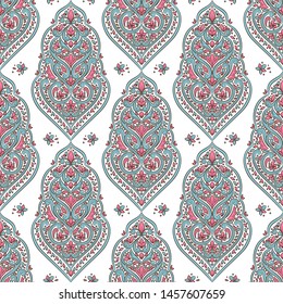 Turquoise and pink floral seamless pattern. Vintage vector background template, luxury flourish elements. Great for fabric, invitation, wallpaper, decoration, packaging or any desired idea.