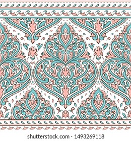 Color turquesa y rosa sin costuras florales con rayas ornamentales. Motivos orientales tradicionales. Plantilla de ornamento vintage. Elementos decorativos de paisajes. Excelente para tejidos y textiles.