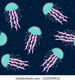 turquoise and pink jellyfish on a dark blue background seamless pattern underwater sea medusa fluorescent star vector.