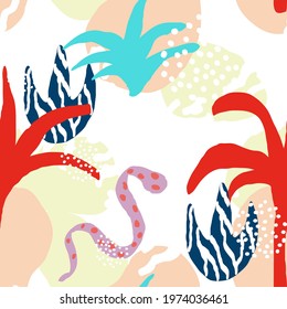 Turquoise and Pink Jungle Animal and Floral Spring Vector Seamless Pattern. Red and Blue Creative Leaves and Doodles Swimsuit Print. Children Wrap.