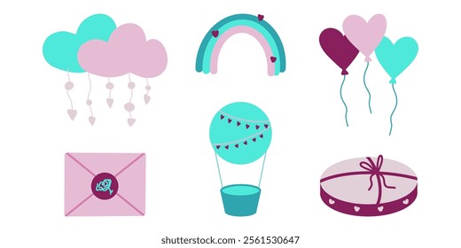 Turquoise and pink love clipart, romantic set, clouds, heart, air balloon, letter, gift box, balloons, rainbow vector illustrations