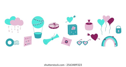 Turquoise and pink love clipart, romantic set, clouds, heart, air balloon, letter, gift box, balloons, ranbow, love vector illustrations