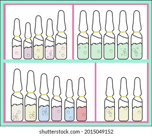 Turquoise ,pink medical cabinet with different sizes ampulas in it,variety with beige red,green,blue, purple liquids of medicine inside with some realistic bubbles,good for commercials or websites