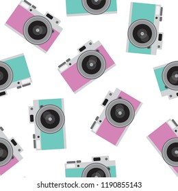 turquoise and pink retro camera pattern seamless vintage photo hipster vector.
