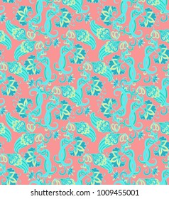 Turquoise - pink seamless vector floral pattern