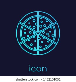 Turquoise Pizza line icon isolated on blue background. Vector Illustration