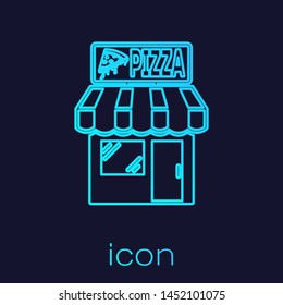 Turquoise Pizzeria building facade line icon isolated on blue background. Fast food pizzeria kiosk. Vector Illustration