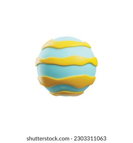 Turquoise planet with yellow strips on surface 3D style, vector illustration isolated on white background. Decorative childish design element about space, science