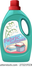 Botella plástica turquesa con el casquillo rojo, la etiqueta floral, las toallas dobladas, y la cesta de lavadero, estilo del Vector