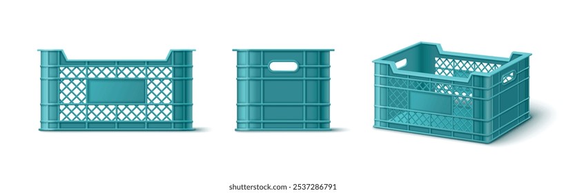 Turquoise plastic crate box. Fruit vegetable empty basket for storage. Market container for food packaging and delivery in supermarket. Cargo warehouse tray for farming grocery transportation mockup