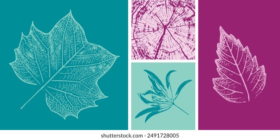  Turquoise, plum, pink, teal botanical leaf illustration elements. Decorative leaves prints or leaf art.
