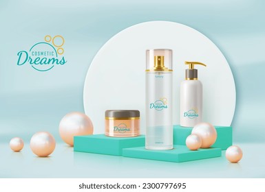 Turquoise podium with pearls. Vector beauty and make up product realistic bottles on pedestal with scatter pink glossy spheres. Promo advertising banner with cream jar, pump tube and spray mockup