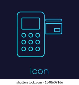 Turquoise Pos terminal with inserted credit card line icon isolated on blue background. Payment terminal transaction. Vector Illustration