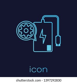 Turquoise Power bank with charge cable and gear line icon isolated on blue background. Adjusting app, service concept, setting options, maintenance, repair. Vector Illustration