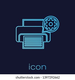 Turquoise Printer and gear line icon isolated on blue background. Adjusting app, service concept, setting options, maintenance, repair, fixing. Vector Illustration