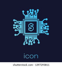 Turquoise Processor chip with dollar line icon isolated on blue background. CPU, central processing unit, microchip, microcircuit, computer processor, chip. Vector Illustration