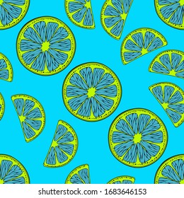 Turquoise psychedelic Citrus. Fruit pattern of blue citrus on a turquoise background. Modern flat vector pattern in pop art style. Vector illustration