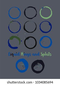 Turquoise, Purple, Blue Round Frames, Mug or Cup Stains and Rings. Vector Vintage Retro Logo or Ads Design Elements. Cool Water Splatter and Marks, Liquid Cup Rings Set. Funky Round Borders or Frames.