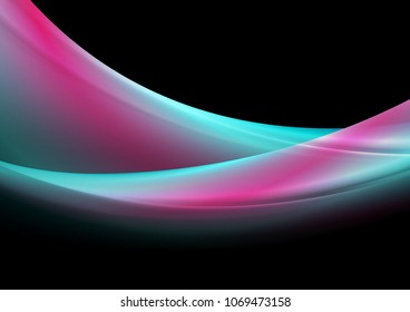 Turquoise and purple flowing holographic waves on black background. Vector design