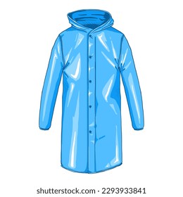 Turquoise Raincoat with Butttons and Hood. Vector Cartoon Single Illustration.