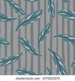 Turquoise random leaves simple doodle seamless pattern. Grey striped background. Scrapbook foliage print. Perfect for fabric design, textile print, wrapping, cover. Vector illustration.