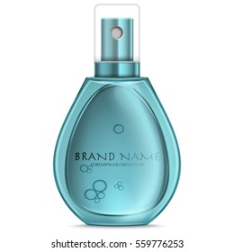 Turquoise realistic parfume bottle isolated on white. Mock-up of Perfume advertisement. Women perfume in beautiful bottle isolated on white.