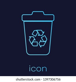 Turquoise Recycle bin with recycle symbol line icon isolated on blue background. Trash can icon. Garbage bin sign. Recycle basket sign. Vector Illustration
