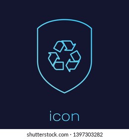 Turquoise Recycle symbol inside shield line icon isolated on blue background. Eco protection sign. Vector Illustration